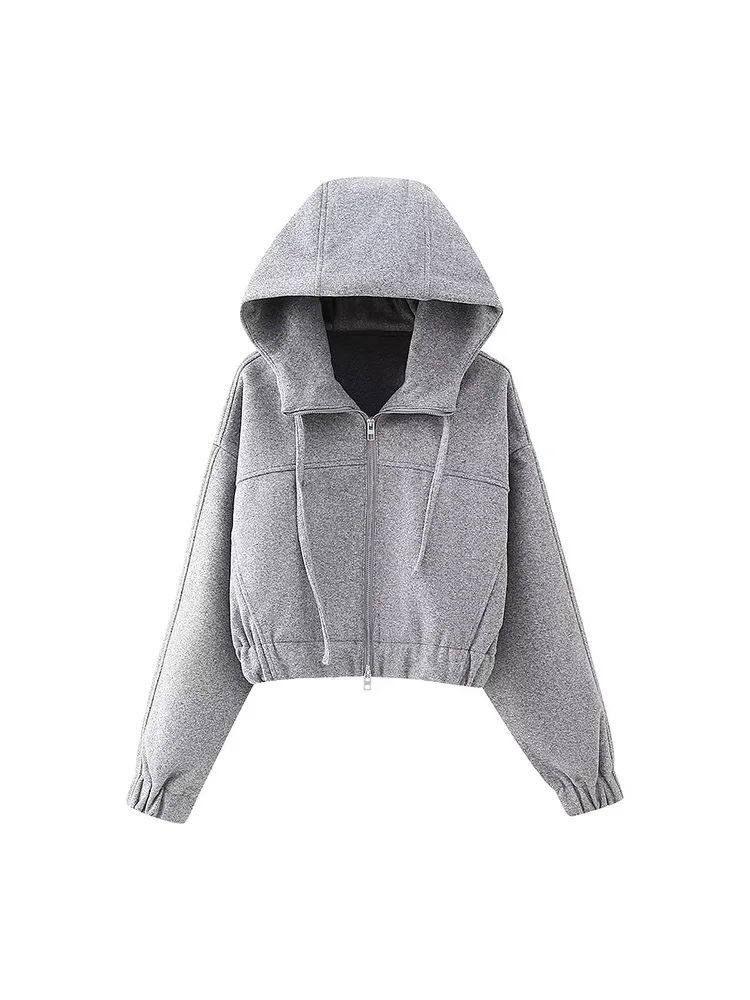 2024 Autumn And Winter New Women Casual Fashion All-In-One Hooded Double Zipper Gray Short Hoodie Coat