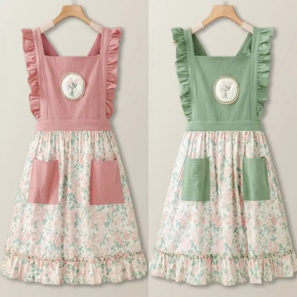 Nuevo Delantal fino bonito de verano, monos de jardinería transpirables de algodón puro, ropa de trabajo rosa y verde para el hogar para pintar y hornear