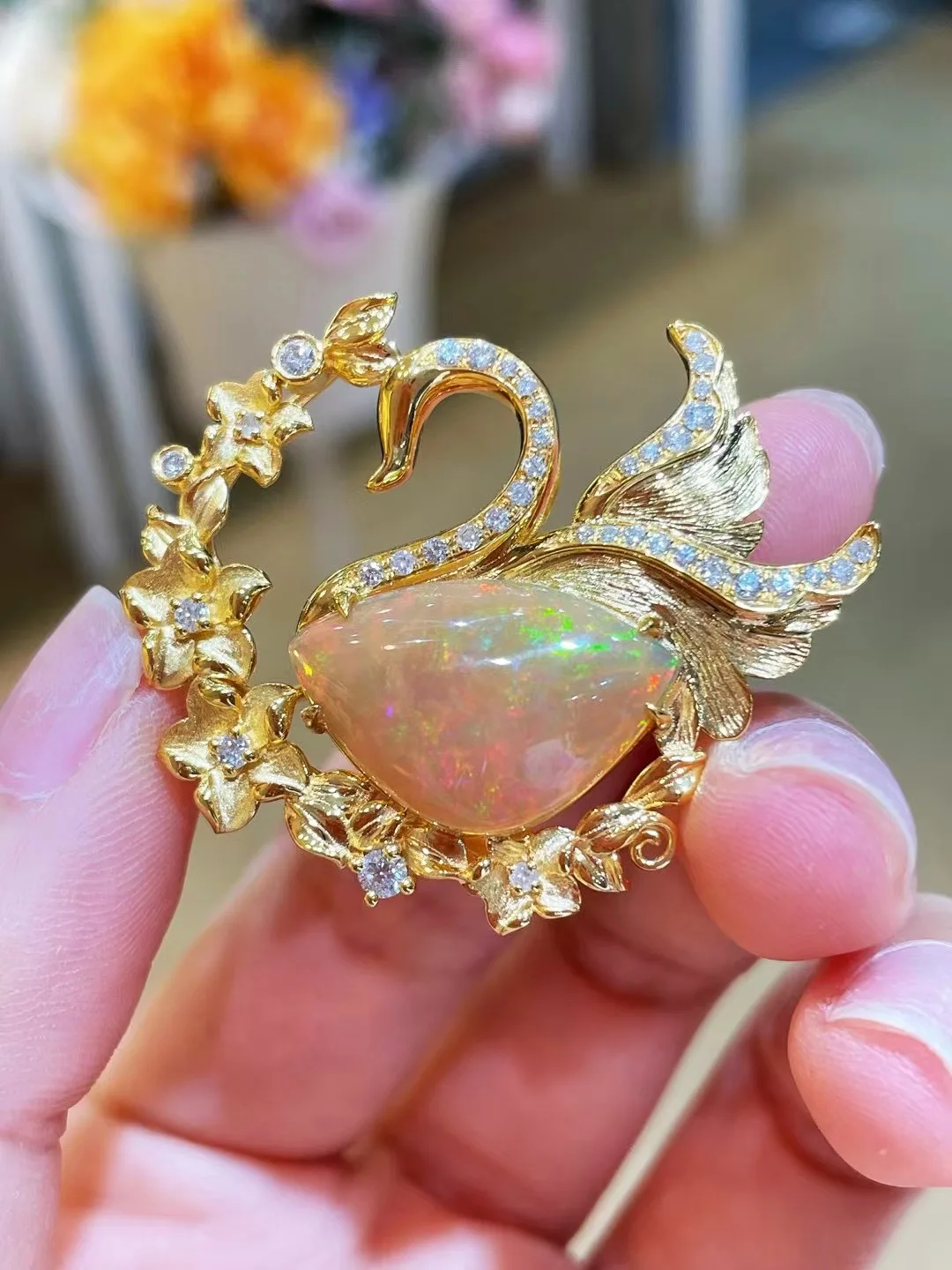 luxury genuine jewelry natural opal swan brooch & pendant double use 18K yellow gold with diamond fine women jewelry romantic