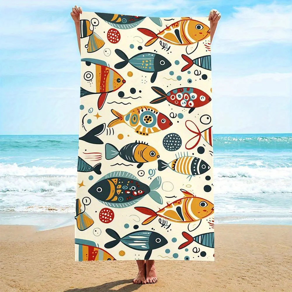Toalla de playa con estampado de peces multicolor, fibra ultrafina de secado rápido, diseño resistente, adecuada para uso en la playa y la piscina
