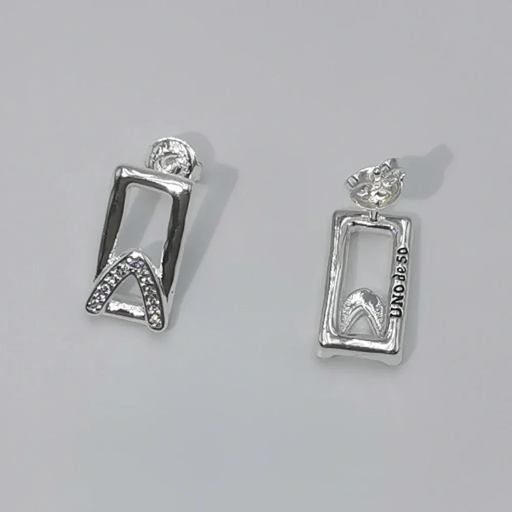 Spain UNOde 2024 Sweet Charm Silver Diamond Set Rectangular Earrings Women's Accessories, Jewelry Gift Bag