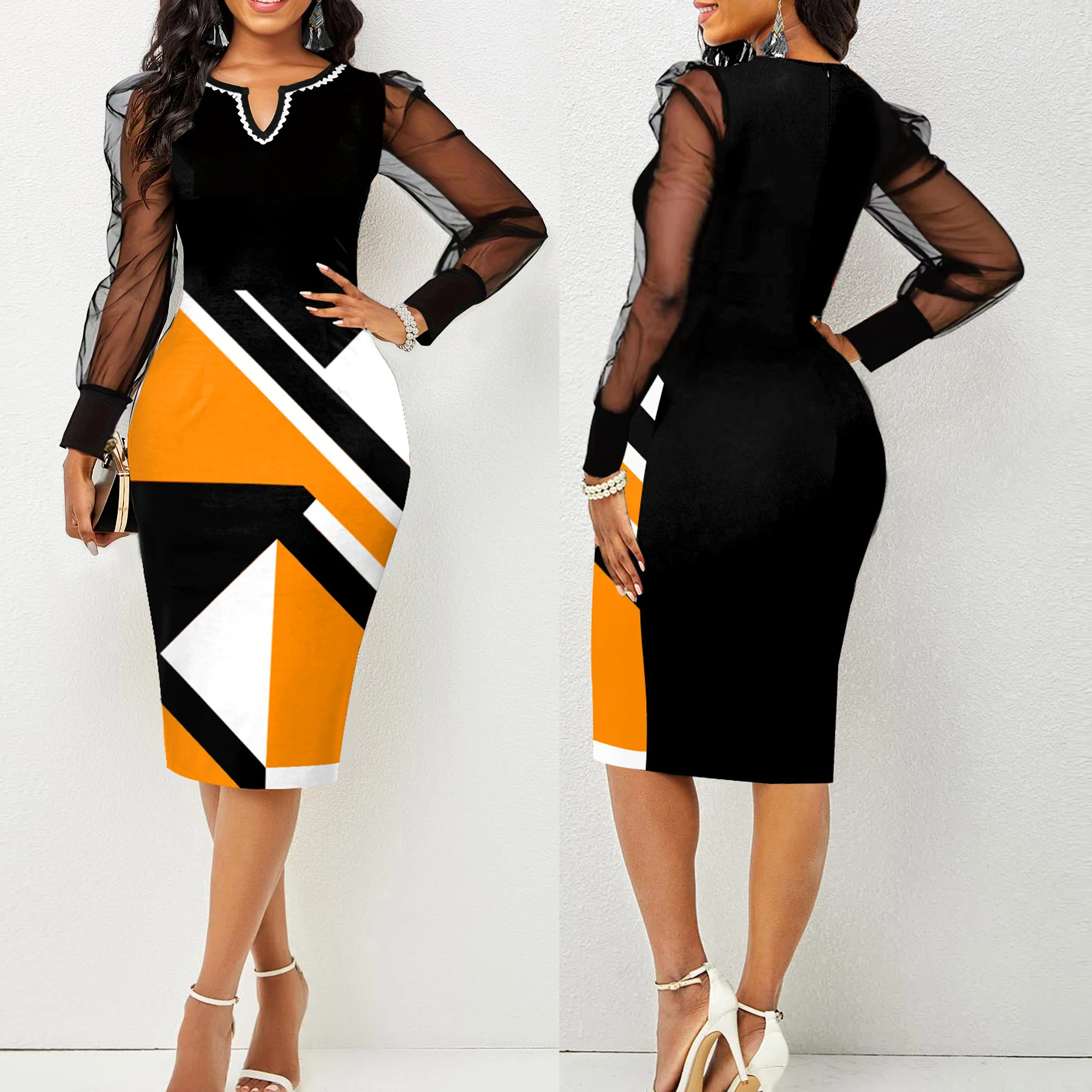 Plus Size Casual Dress, Women\'s Plus Colorblock Geometric Print Contrast Mesh Lantern Sleeve Notched Neck Midi Dress