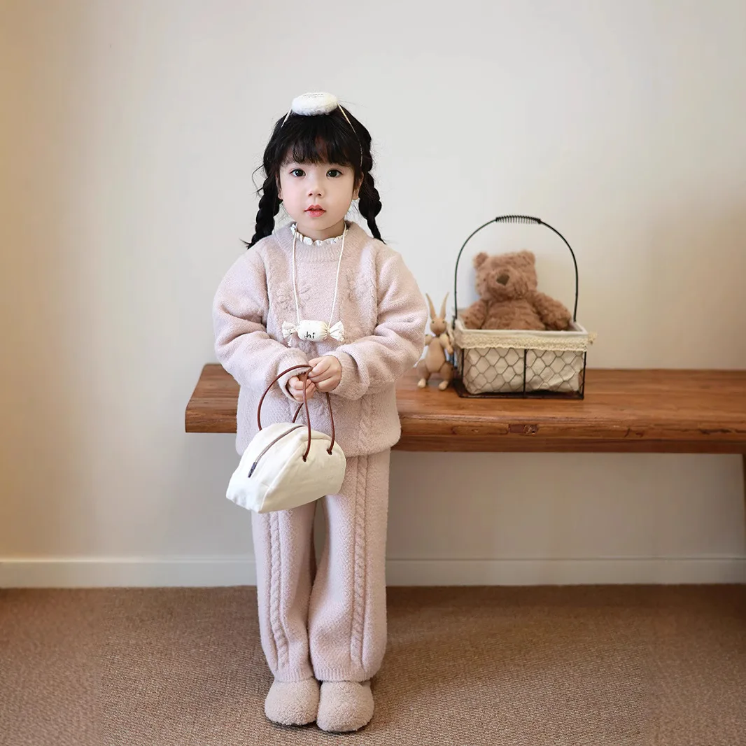 Girls Embroidered Jacquard Knit Set, Loose Languid Wool Sweater & Wide Leg Pants, Winter Kids Outfit Set
