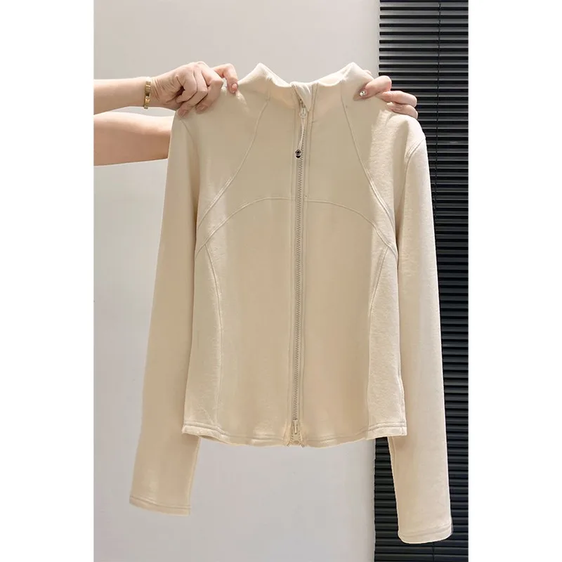 

Женский кардиган-свитшот с высоким воротником, двойной молнией, длинными рукавами, приталенный, повседневный, универсальный, с флисовой подкладкой