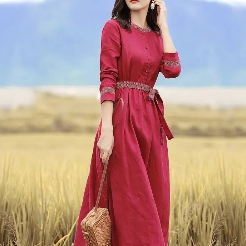 Ethnic Waist Slimming Dress Retro Style Lace-up Cotton and Linen Long Skirt