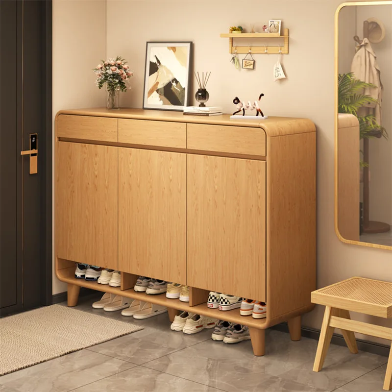

Solid Wood Rounded Corner Shoe Cabinet Dustproof Multi-Layer Wall-Fit Entryway Storage for Hallway Home