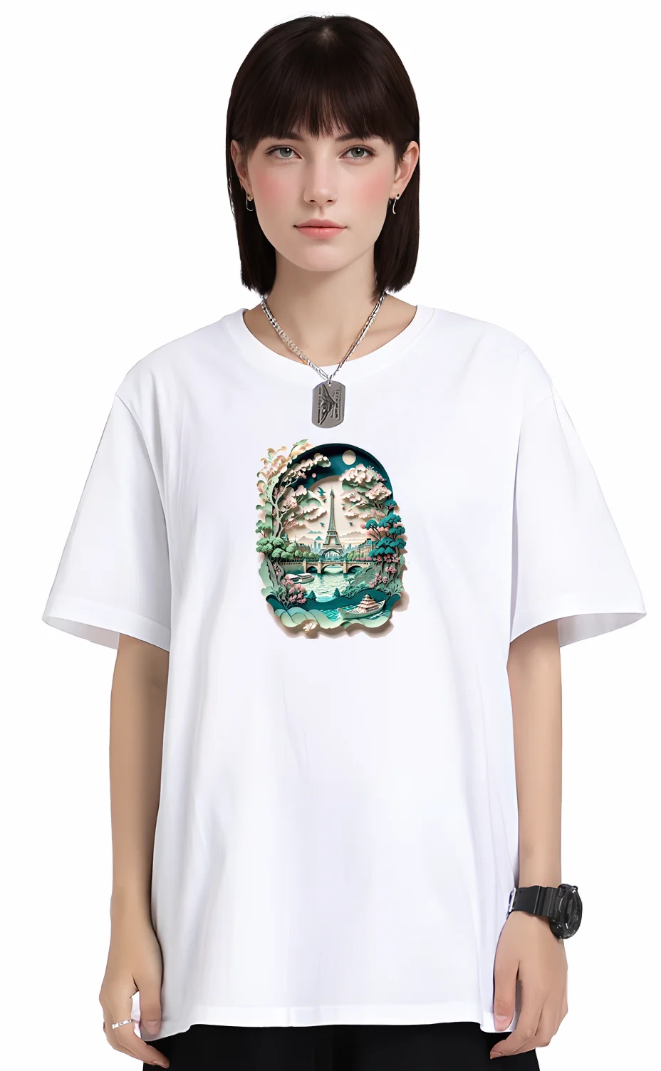 

Elegant 230g Cotton Women's T-Shirt with Papercut Landmarks- AC001