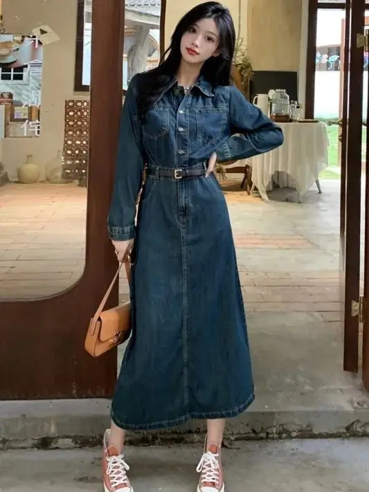 เดรสยีนส์ทรงเอ สไตล์วินเทจ ฮ่องกง ช่วยพรางหุ่น กระชับเอว รุ่นใหม่ล่าสุด สำหรับฤดูใบไม้ผลิและฤดูใบไม้ร่วง