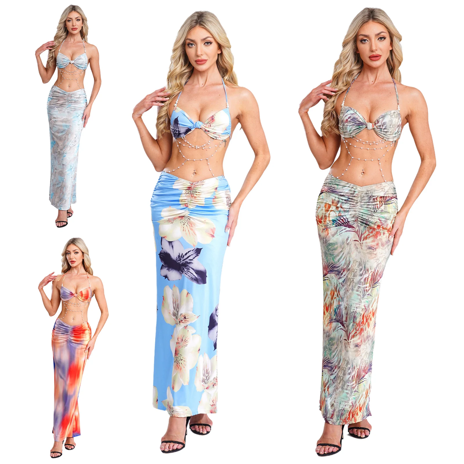 المرأة بوهو فستان مُزين بطباعة مثير الرسن حمّالة الصّدر مع فو اللؤلؤ سلسلة Ruched ماكسي تنورة لقضاء عطلة الاستوائية حفلة بحر