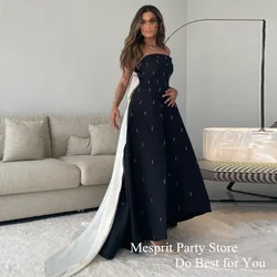 Saudi Arab Black Evening Dress with Ivory Bow Train Strapless Sleeveless A Line Hi-lo Satin Prom Gown Wedding Party Dresses