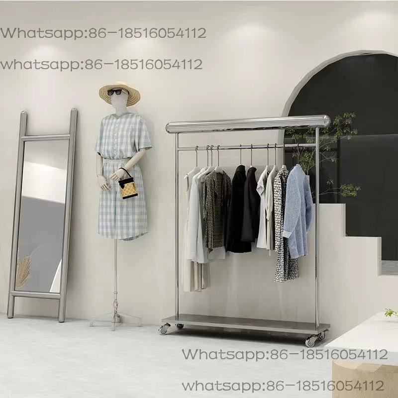 Clothing Store Display Rack Stainless Steel Floor-to-ceiling Mobile Clothes Hanging Rod with Wheels