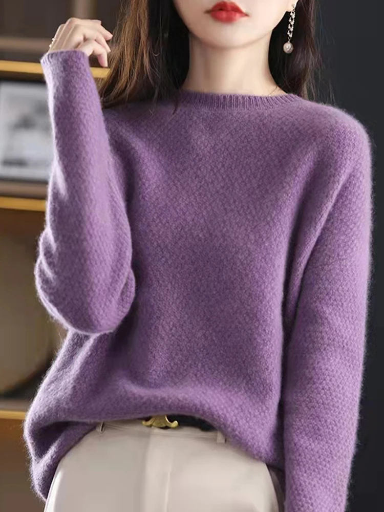 ADDONEE sweter kasmir wanita musim gugur musim dingin Pullover leher-o tebal pakaian gaya longgar kasual 100% rajutan wol Merino Korea