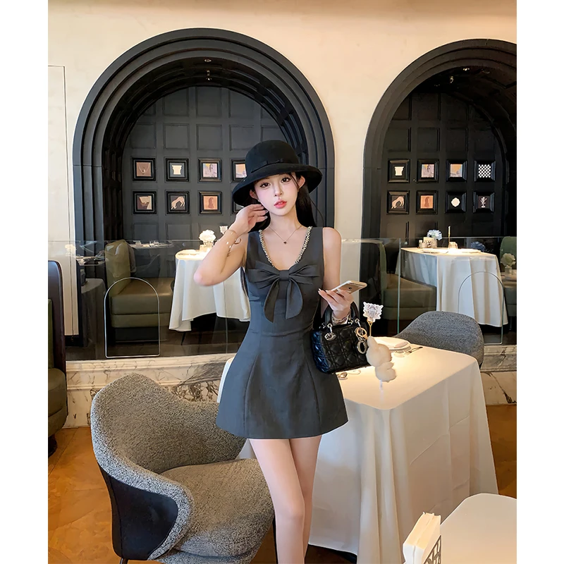 

MEXZT Elegant Bow Mini Dress Women Party Beading Patchwork Sleeveless Dresses Summer Vintage Sexy V Neck Bodycon Design Vestidos