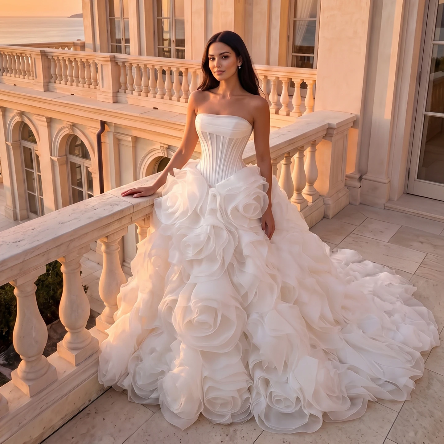 Sheer Fairy Wedding Dress Luxury Strapless Tulle Draped Satin Corset 3D Rose Dubai Engagement Bridal Ball Gowns SW751 Customized