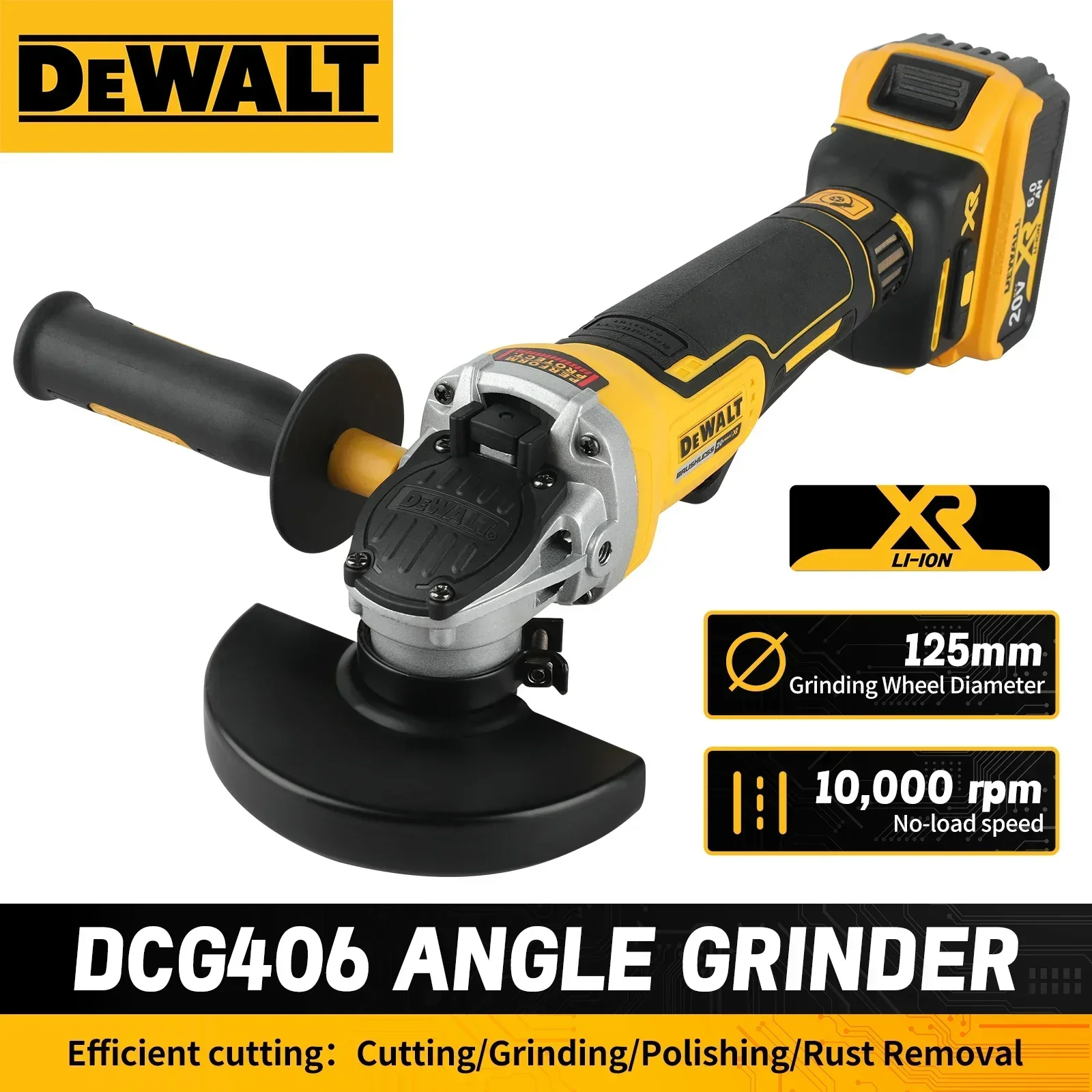 DeWALT DCG406 20V Brushless Cordless Angle Grinder,125mm Grinding Wheel,10000RPM No-load Speed for Cutting & Polishing