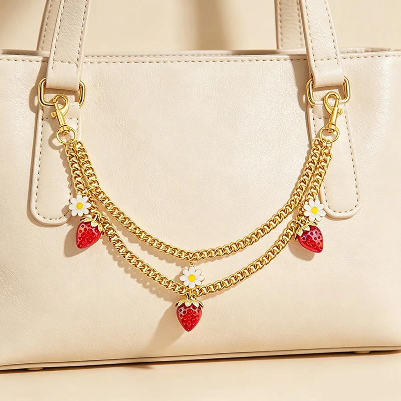 Double Layer Bag Chain Strawberry Daisy Rhinestone Pendant Gold‑Tone Handbag Ornament Charm Gift For Women Purse Accessories