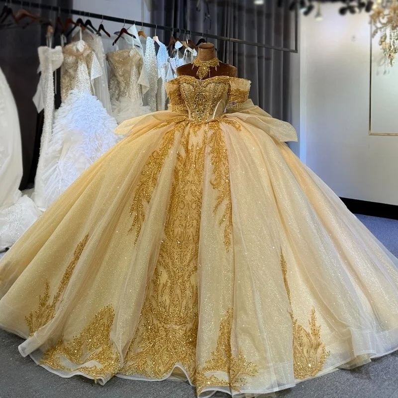 

Gold Quinceanera Dresses Off the Shoulder Crystal Golden Glitter Beading Decal Long tail Bow Vestidoe 15 Quinceanera Customize