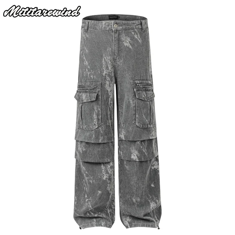 

High Street Denim Pants Men American Retro Tie Dye Cargo Pants Men Casual Straight Multi-pockets Wide Leg Pant Hip Hop Trousers