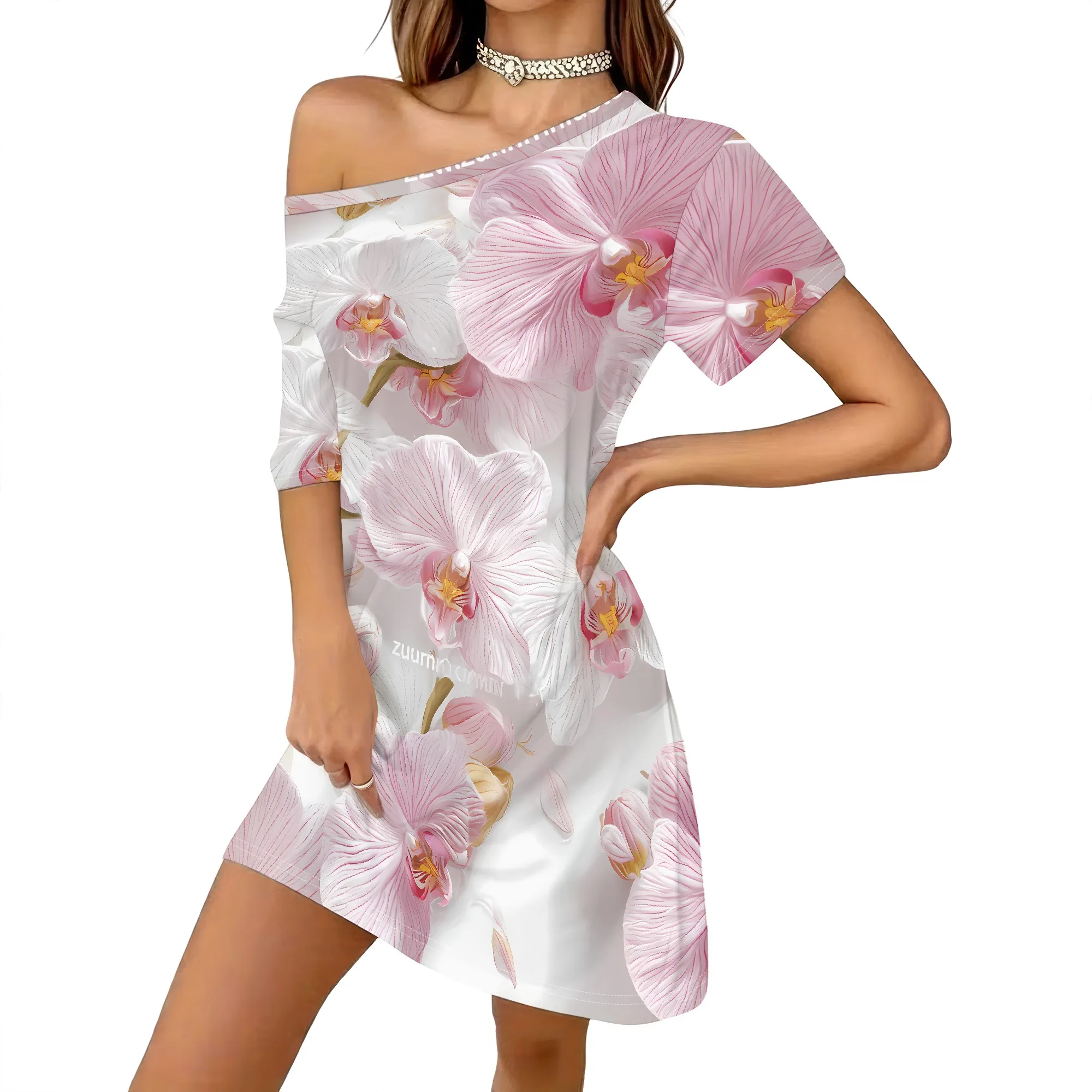 Floral Print T-Shirt Dress, Pink Orchid Pattern Short Sleeve Mini Dress, Summer Casual Loose Fit Women's Shift Dress S-2XL