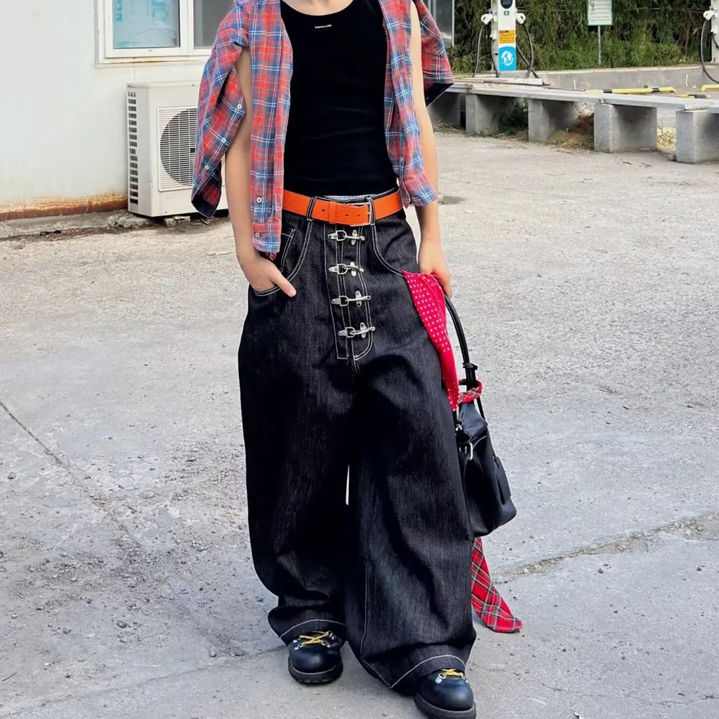 

American Style Street Retro Design Baggy Jeans Denim Color Zipper Fly Aircraft Buckle Loose Straight Cut Casual Jeans