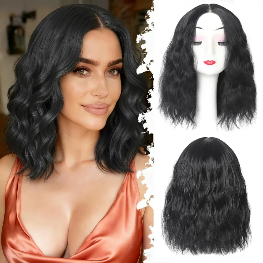 باروكة صناعية قصيرة مموجة مع دانتيل مربوط يدويًا مسبقًا للنساء خط شعر طبيعي وتصميم الجزء الأوسط 14 بوصة على طراز بوب طبيعي مع