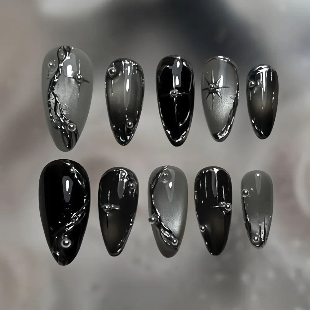 10Pcs Almond Handmade Press On Nails Black‑Grey Gradient 3D Metal Chain Star Rhinestone Reusable False Nails For Gothic Party Ma