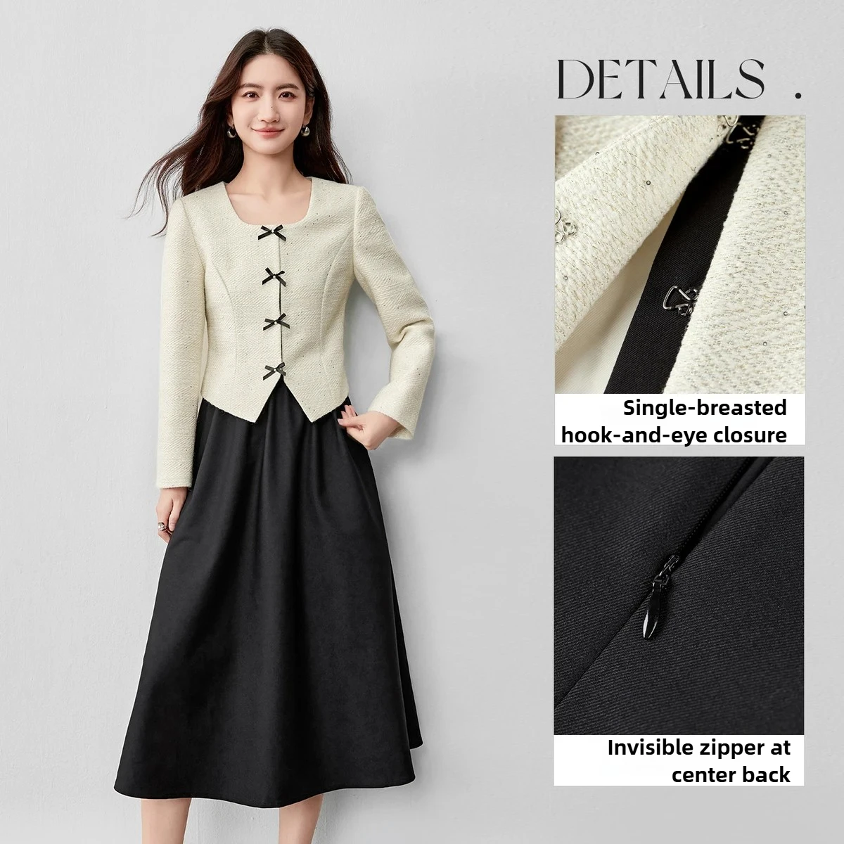 Sentubila conjunto de terno de tweed feminino 2025 outono gola virada para baixo contraste cor arco casaco & vestido suspender roupa de escritório 153za2418