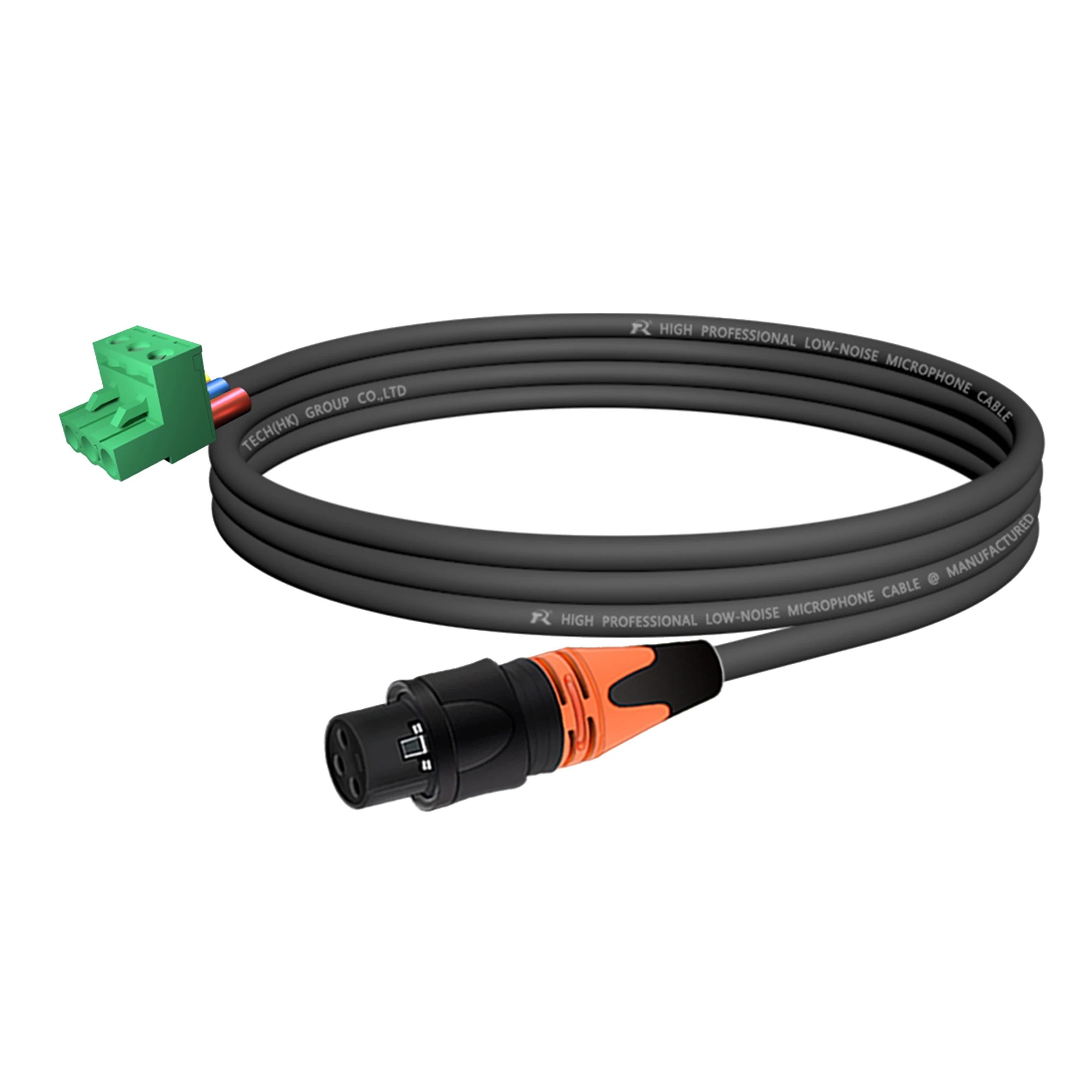 XLR mit schwarzem Rückgehäuse, mehrfarbiger rutschfester Abdeckung, verbunden mit 5,08 mm 3-poligem Phoenix-Steckeranschluss, für Audiogeräte. – Detail 11