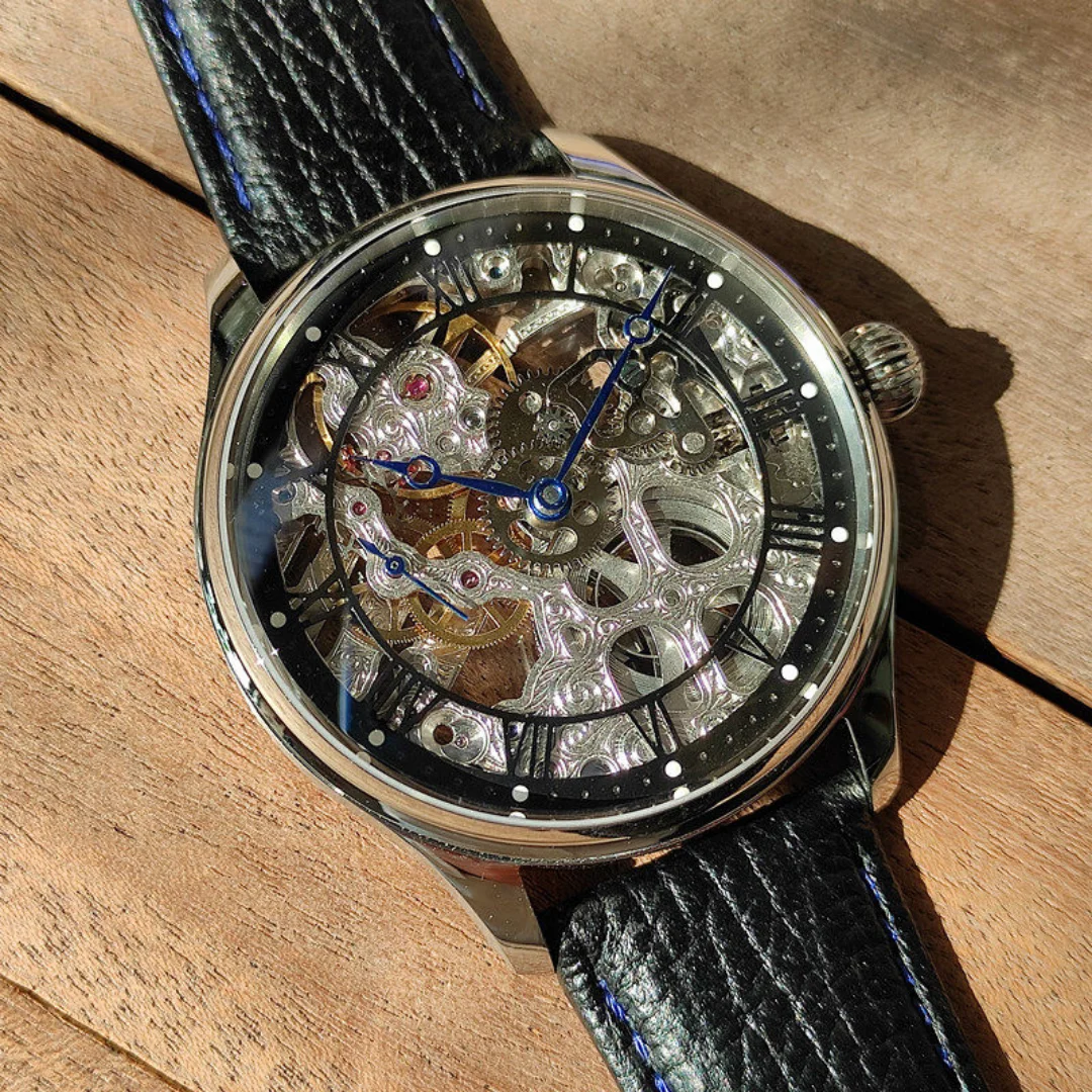 Men Manual Mechanical Watch, Domestic Fashion Brand, Tianjin ST3600K Movement, Skeleton Engraved Dial, Genuine Leather Strap, Vi