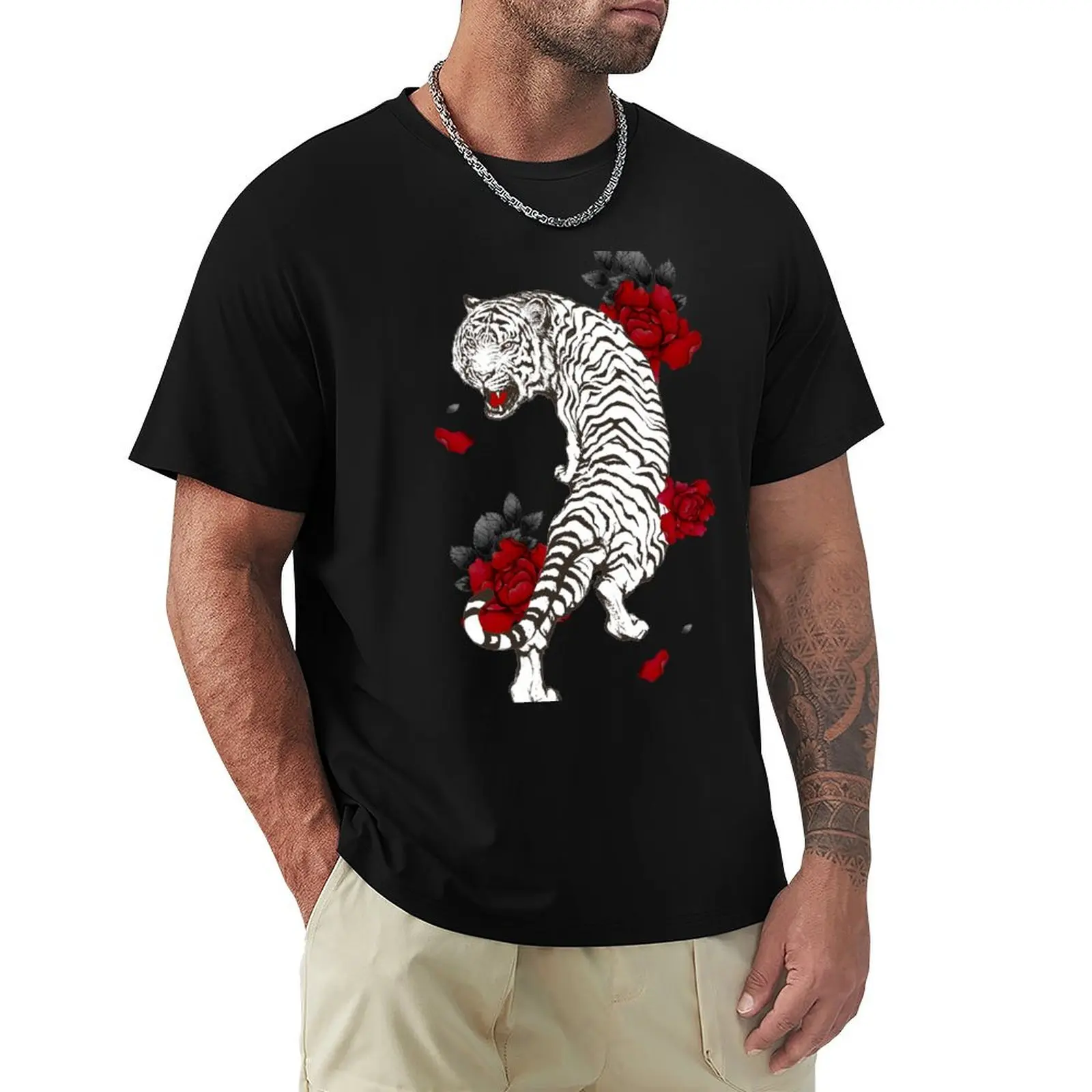 Tiger roar with red peonies T-Shirt Holiday Outdoor T-Shirt