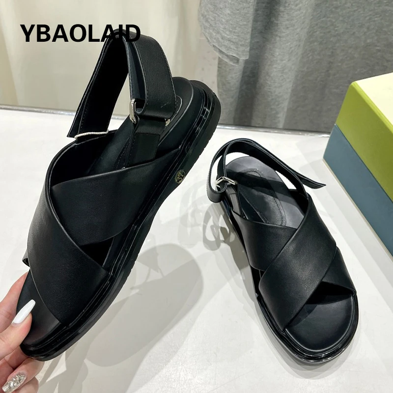 

Summer New Brand Genuine Leather Cross Design Sandals for Women Open Toe Platform Flats Simple Style Comfort Women Casual Shoes