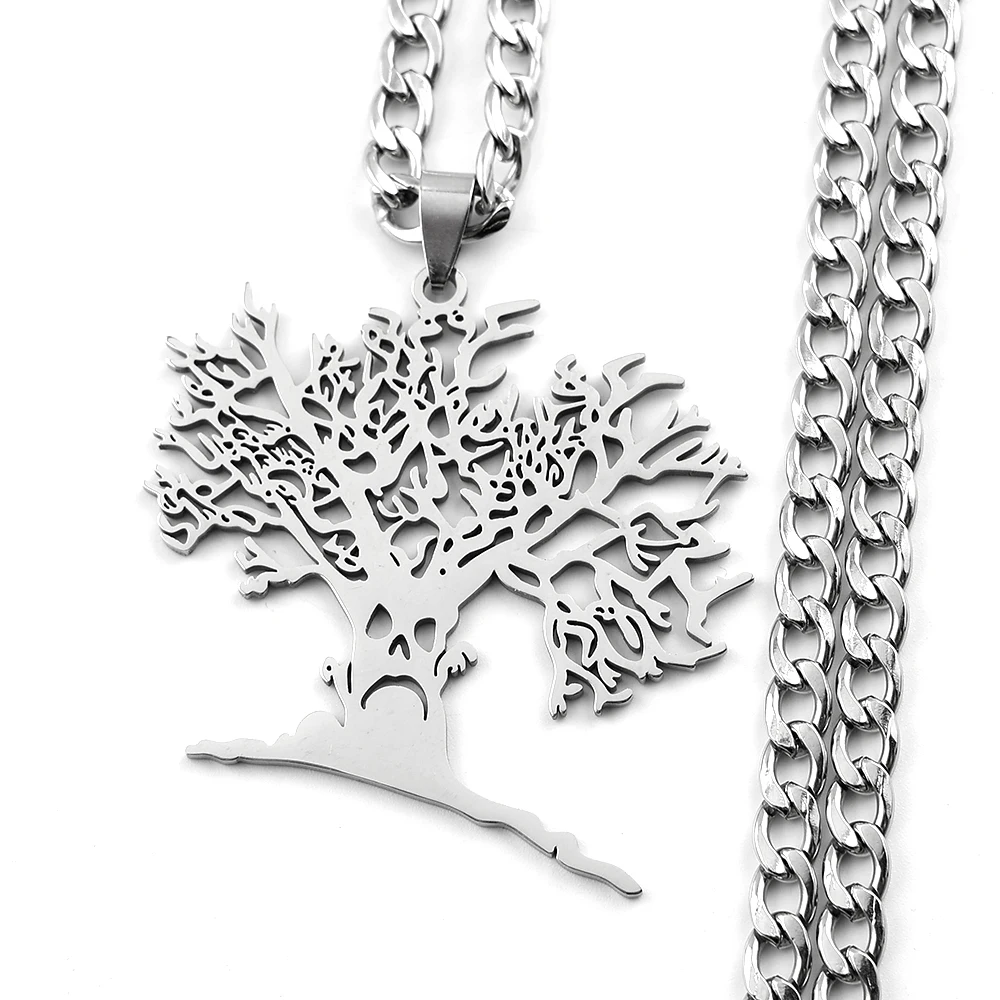 Gotische Hohlschädel-Lebensbaum-Anhänger-Halskette für Damen und Herren aus Edelstahl in Silberfarbe mit Gruseliger Baumkette – Detail 7