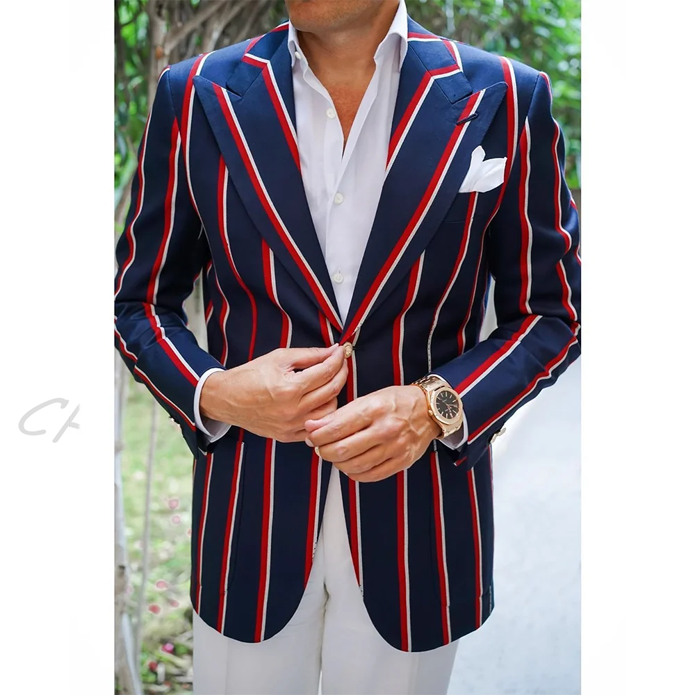 New 2026 Unique Striped Suit For Men Chic Single Button Slim Fit Male Blazer with White Pants High Street Club Fashion Clothes
