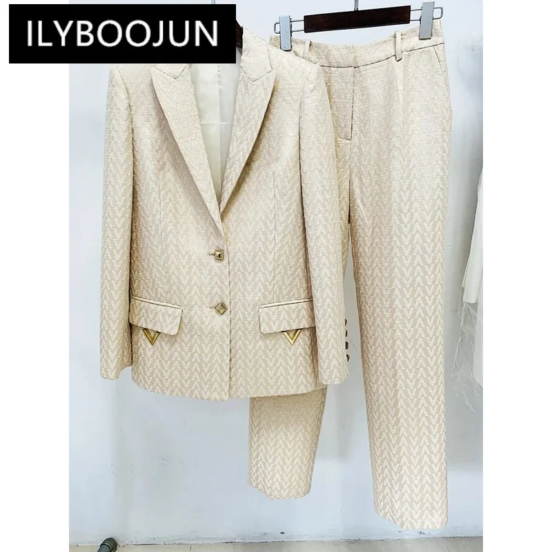

Beige Pants Suits Jacquard Weave V Decoration Blazer Suit Pant Sets Two Piece Business Wear Korean Style Blazer Outfit Women