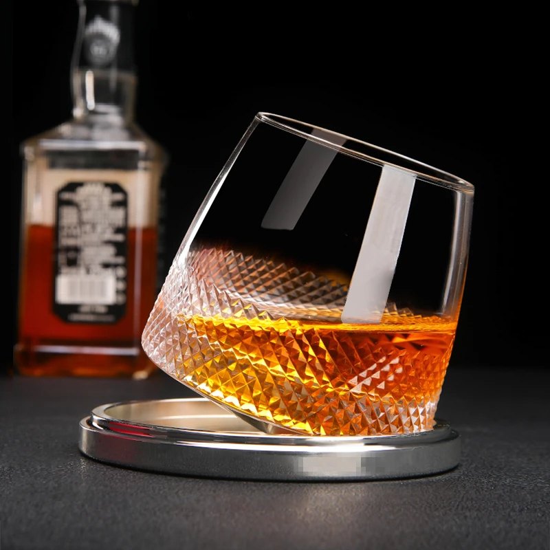 French Design Semi-automatic Rotating Whiskey Tumbler XO Rock Glass With Holder Cognac Brandy Snifter Hand Carving Spin Wine Cup