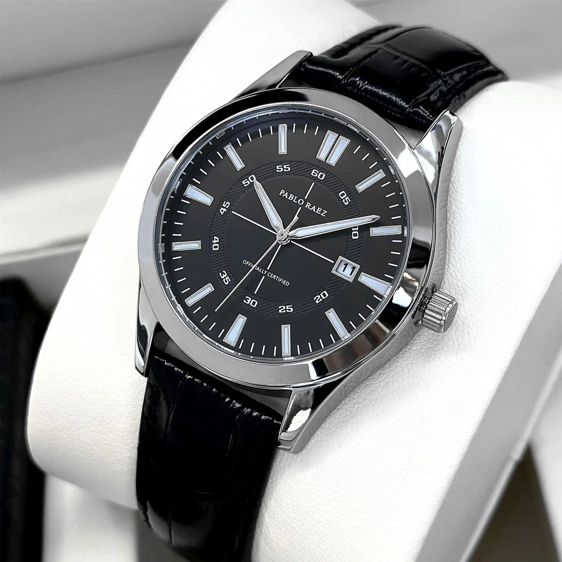 High End Men Watch Business Black Leather Strap Waterproof Calendar Male Fashion Quartz Clock Watches Has Box ,Gift Battery