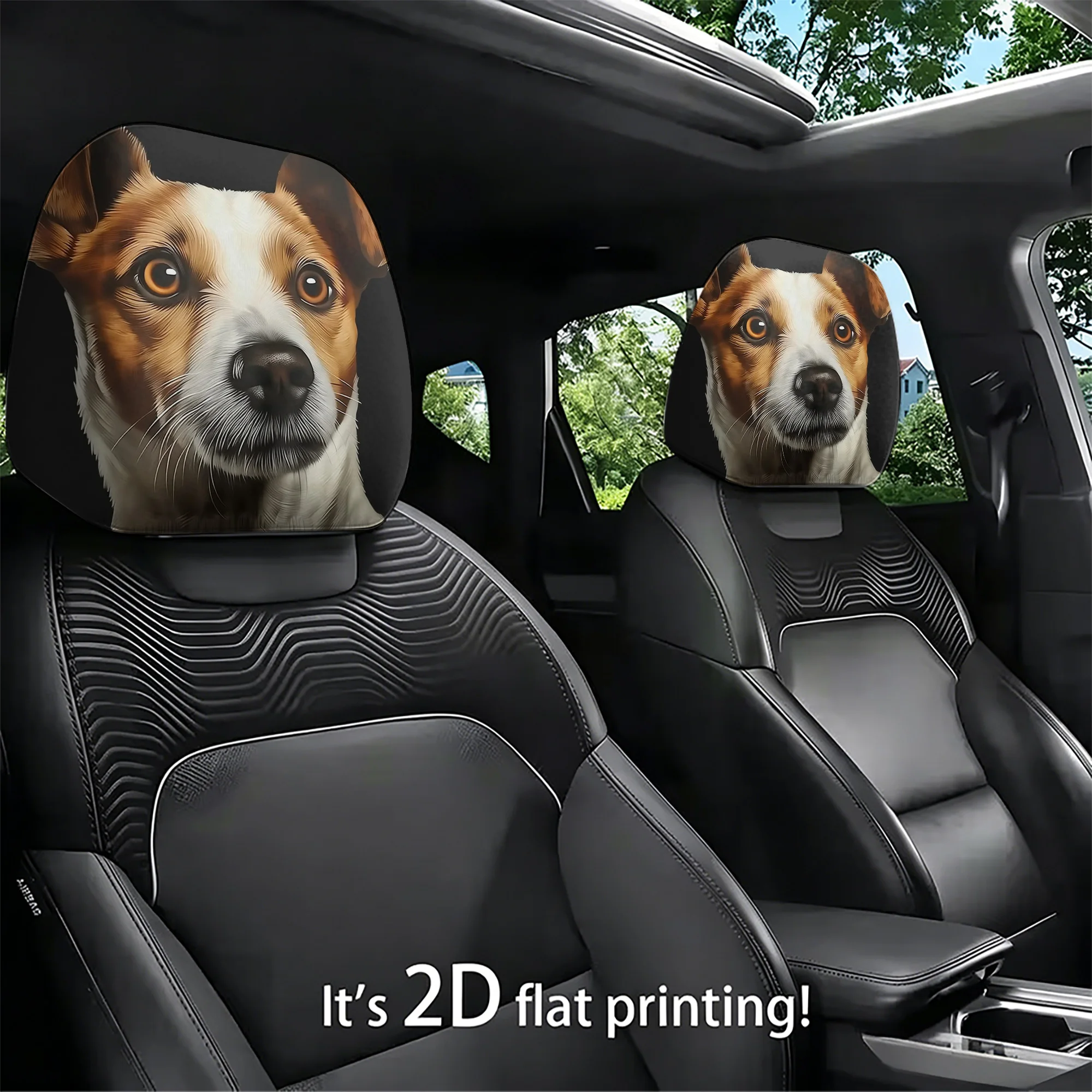 2pcs dog-patterned car headrest covers to add a touch of charm to your car interior. Filling not included. Easy to install.