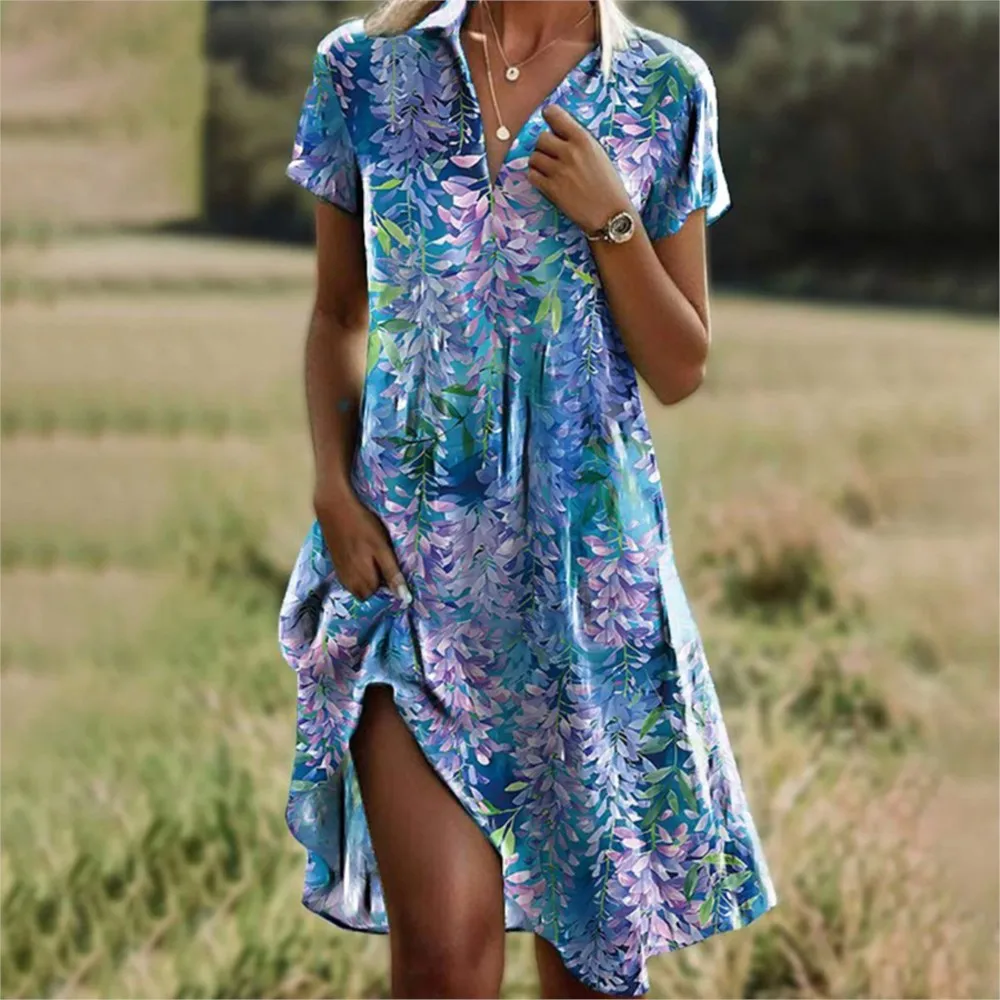 Elegant Slim A-Line Knee Length Boho Shirt Dress 2024 Fashionable New Women's Short Sleeved Printed Casual V-neck Dress Vestidos