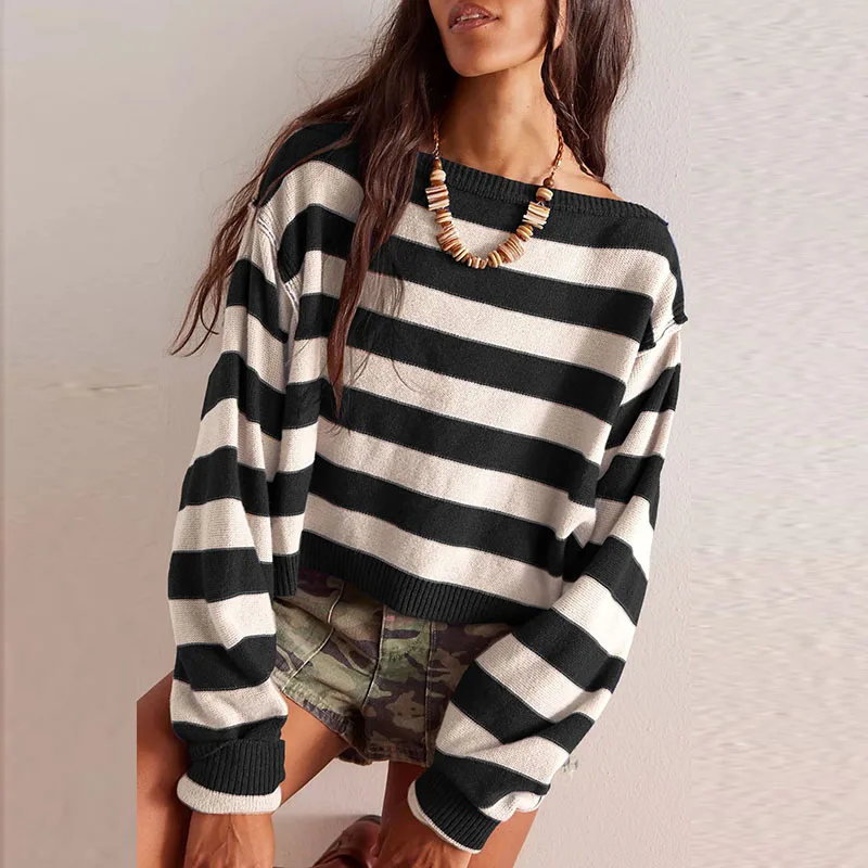 Retro Striped Print Knitwear Women\'s Sweater Fall Crew Neck Loose Knitted Top Pullover Winter Long Sleeve Jumper Female Clothing