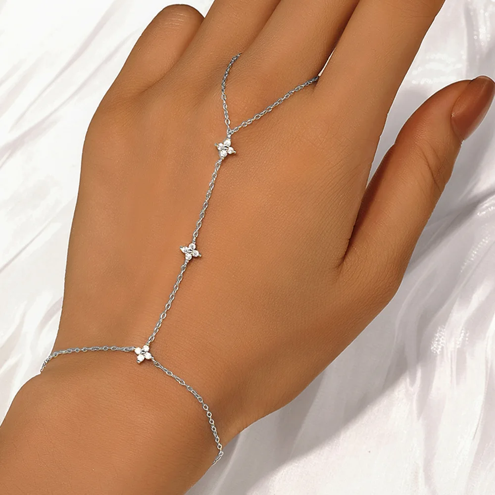 EWYA 5A Zircon Finger Ring Chain Bracelets Horse Eye Lucky Clover Lab Diamond Bracelet for Women Adjustable 925 Silver Jewelry