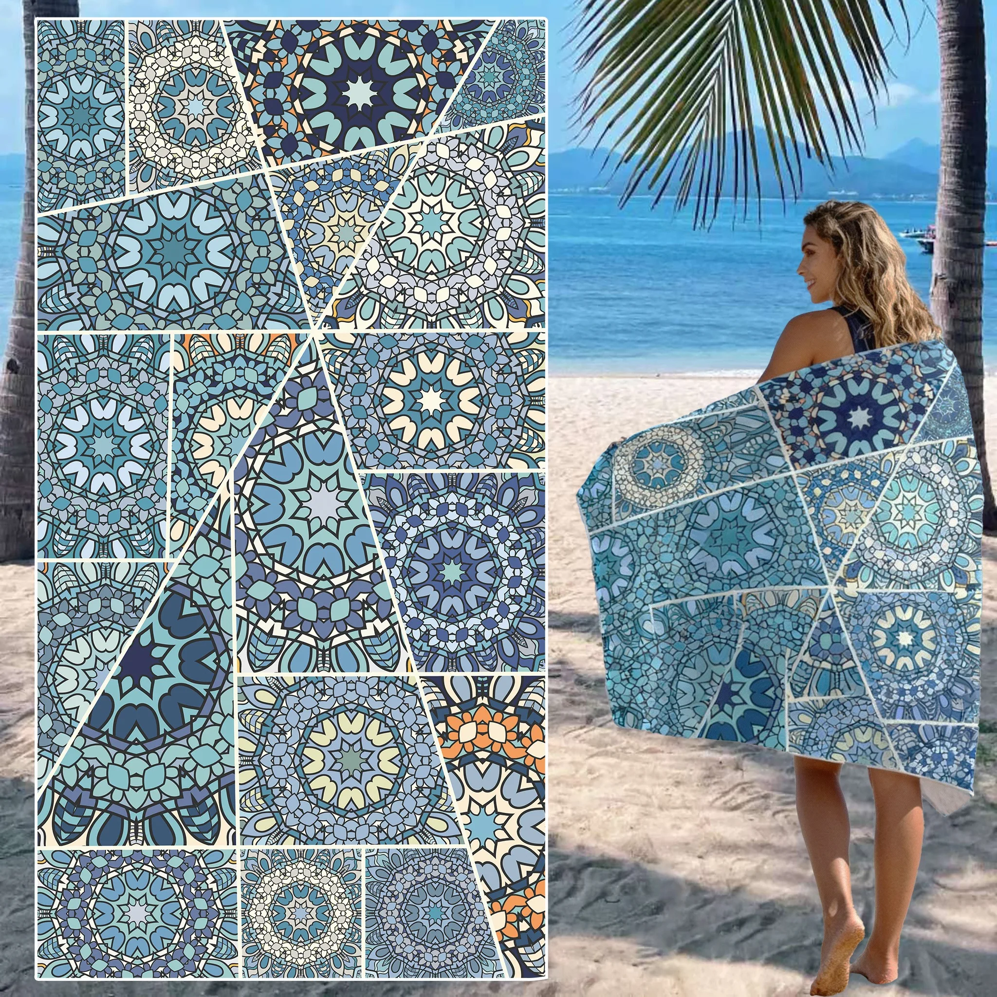 Tribal Mandala Octopus Navy Sky Blue Vertical Stripe Beach Towel Ultra Fine Fiber Fast Drying Towel For Nautical Pool Beach