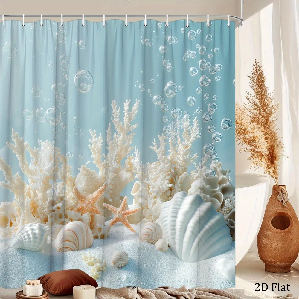 1pc Serene Underwater Coral And Shells Shower Curtain, Featuring Tropical Marine Life with a Gentle Blue Gradient And Bubbling E