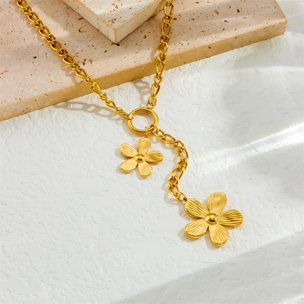 LAMENGLY 316L Stainless Steel 5-Leaf Flower Sun Pearl Heart Long Pendant Necklace For Women 18k Gold Plated Waterproof Jewelry - Image 4