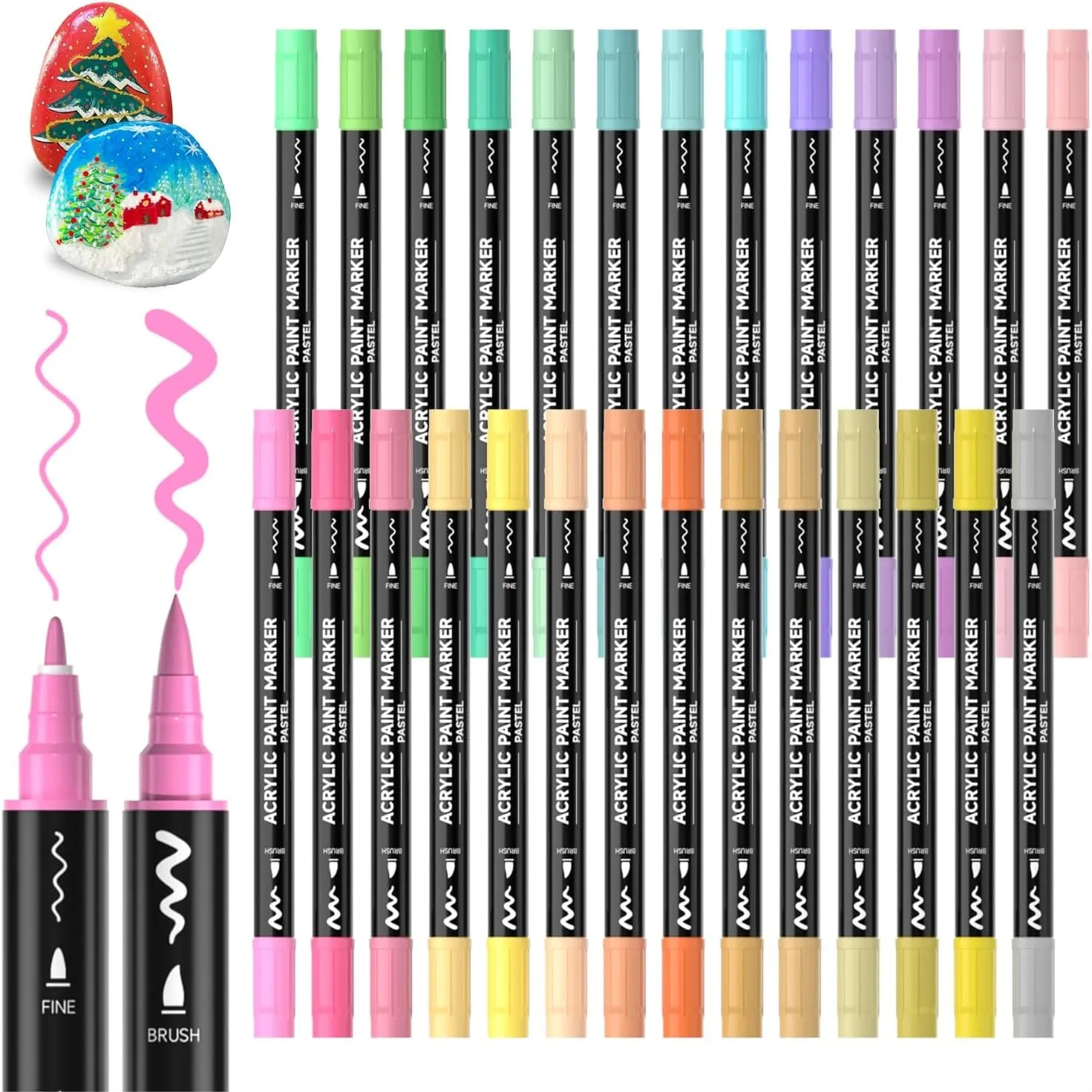 

28 Pastel Colors Dual Tip Acrylic Paint Markers, Brush and Fine Tip for Rock, Canvas, Wood, Glass, DIY Crafts