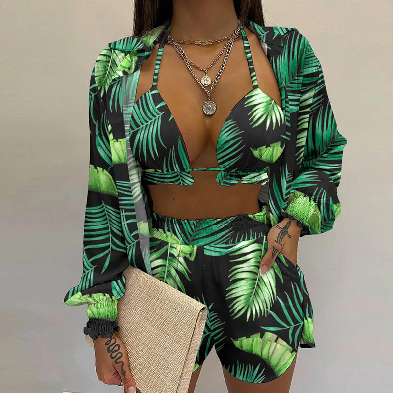 Print Floral Swimsuits 3 PCS Beach Bikinis Set Women Push Up Female Plus Size Swimwear Bather Swim Wear Women Bathing Suit 2022