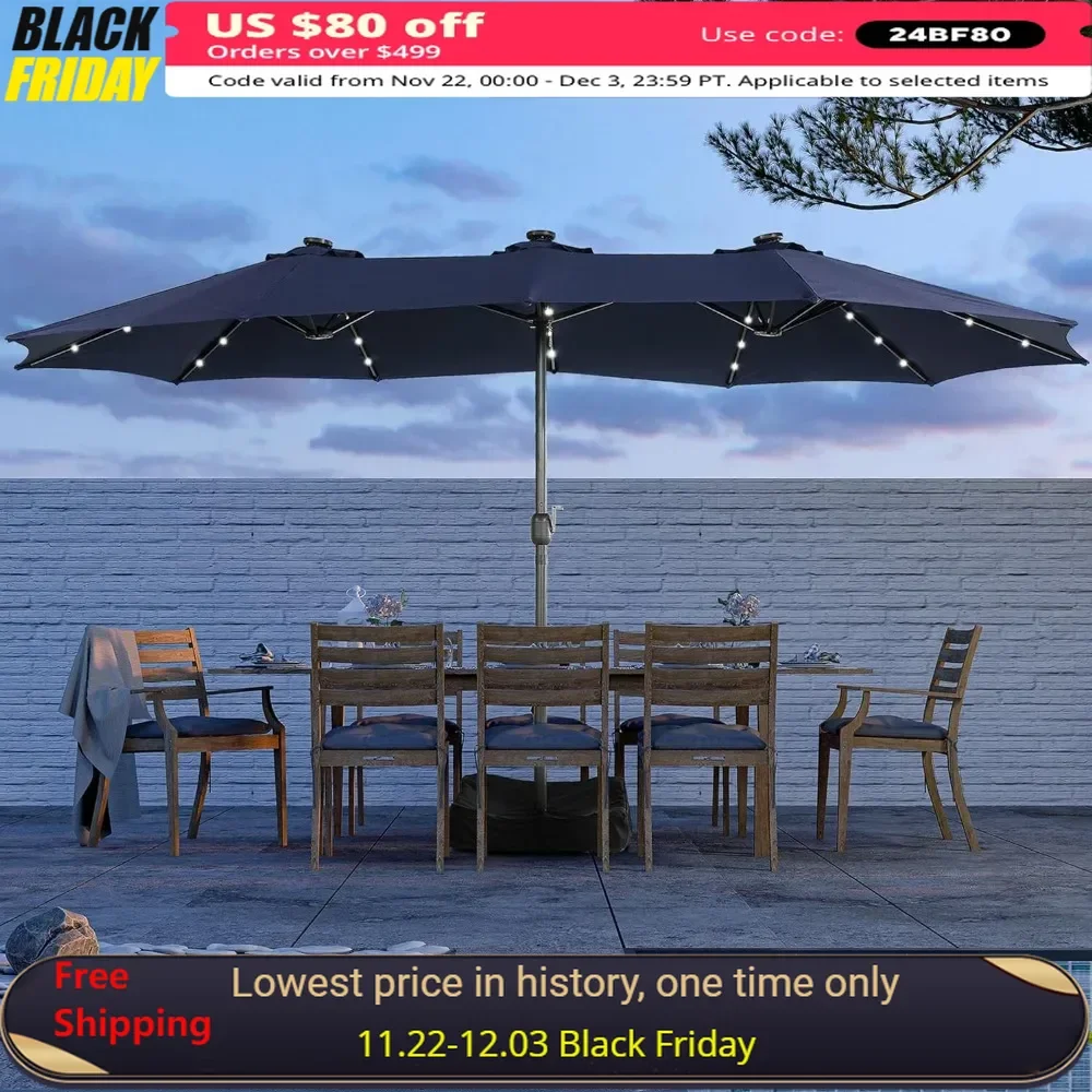 15ft Patio Terrace Umbrella with Solar Lights,with Included Base,with Hand Crank, 36 LEDs, 12 Bones, Large Double Sided Umbrella