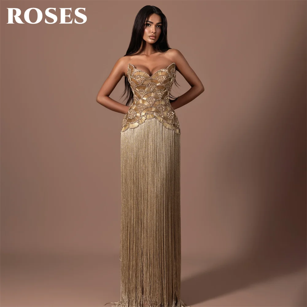 ROSES Golden Party Dresses Strapless Sleeveless Evening Dresses Glitter Sequin Straight فساتين السهرة Tassel Customized