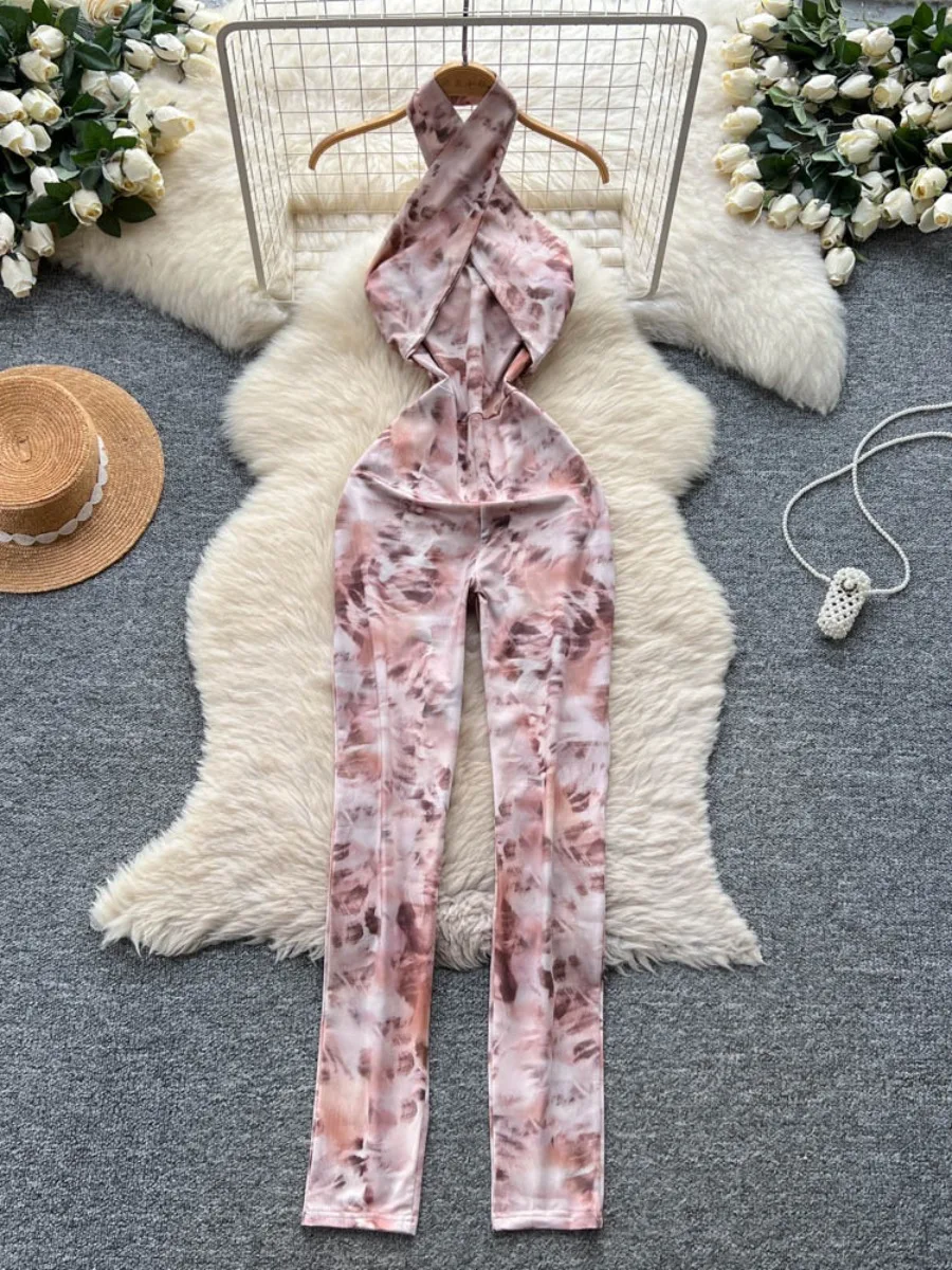 

Foamlina America High Street Women Sexy Crisscross Halter Neck Jumpsuit Summer Chic Printed Slim Fit Tight Long Pants