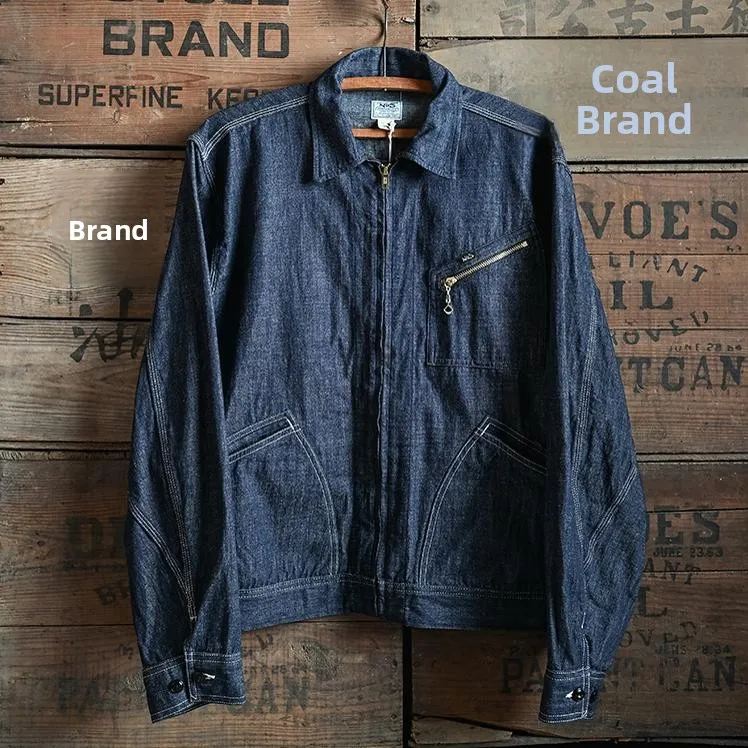 American Retro Work Jacket Zipper Collar Bamboo Denim Workwear Youth Fashion Standard Fit Long Sleeve Outerwear Coat