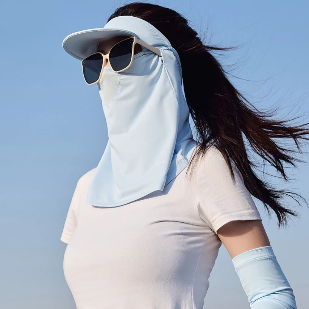 

Elastic Solid Color Sunscreen Face Cover Scarves Neck Protector Ice Silk Mask Wide Brimmed Hat Visor UV Protection Veil Outdoor